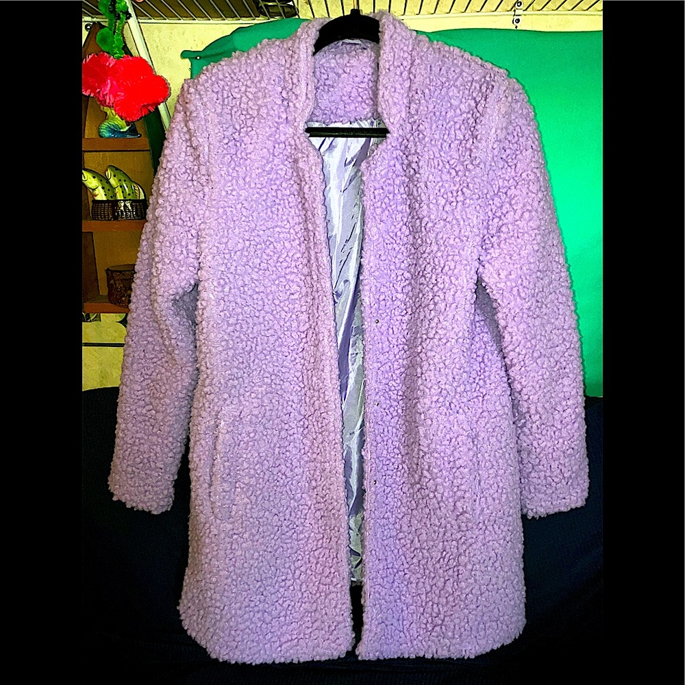 Asos Colorful Lilac Purple Soft Sherpa Coat Long Jacket Overcoat Large EUC